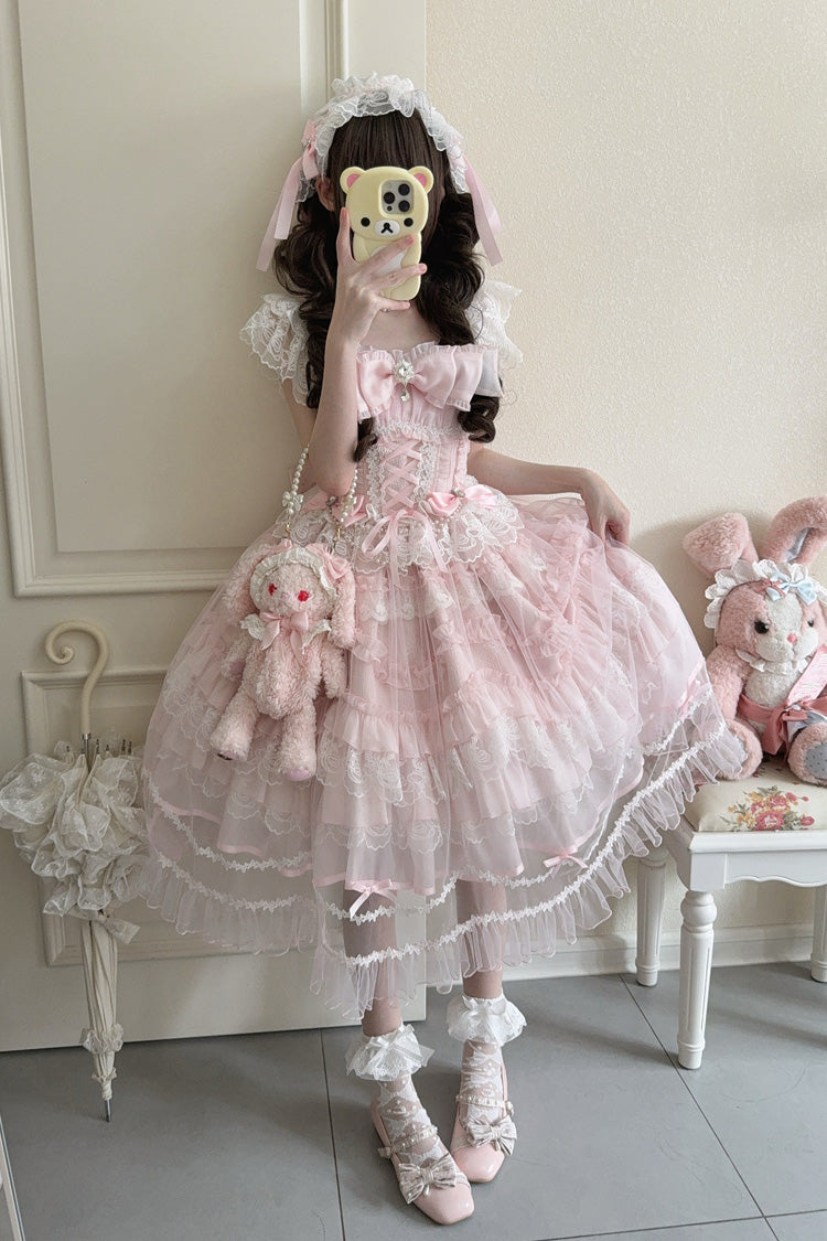 Pink [Eternal Vow] Sleeveless Multi-Layered Ruffle Hanayome Bowknot Lace Lace-Up Sweet Lolita Jsk Dress - Product - 2