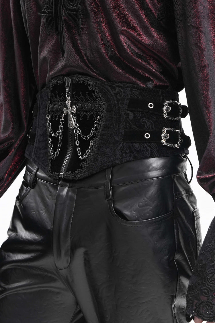 Black Lace-Up Slim Buckled Pearl-Decorated Men's Gothic Palace Accessory Cross Chain Girdle - Product - 6