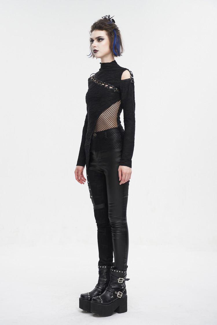 Black Strappy Cutout Mesh Splice Women's Gothic Shirt - Product - 4