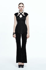 Black Sexy Halter Skull Pattern Velvet Womens Gothic T-Shirt - Product - 4