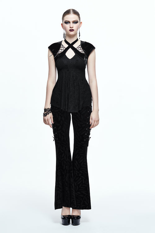Black Sexy Halter Skull Pattern Velvet Womens Gothic T-Shirt - Product - 4