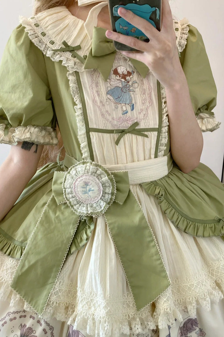 Green [Little Ida's Flowers] Short Sleeves Print Ruffle Bowknot Sweet Lolita Dress - Product - 11
