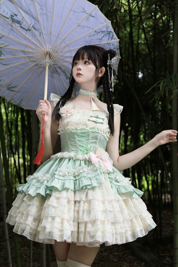 Ancient Poetry Print Multi-layer Ruffle Bowknot Lace Sweet Chinese Style Lolita Tiered Dress 2 Colors - Product - 6