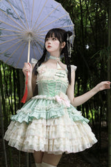 Ancient Poetry Print Multi-layer Ruffle Bowknot Lace Sweet Chinese Style Lolita Tiered Dress 2 Colors - Product - 6