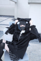 Black Long Sleeves Cat Ears and Tail  Ruffle Bowknot Hooded Gothic Jirai Kei Coat - Product - 5