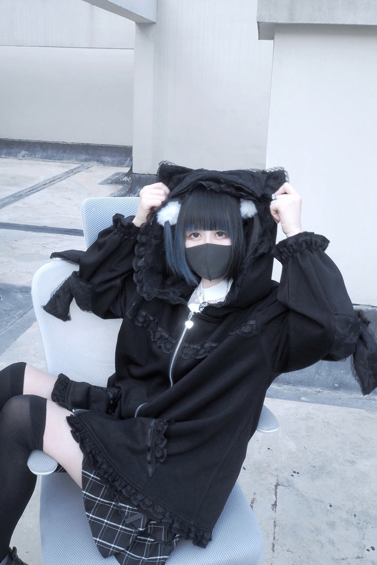 Black Long Sleeves Cat Ears and Tail  Ruffle Bowknot Hooded Gothic Jirai Kei Coat - Product - 5