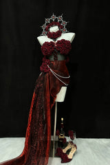 Red [Madame Red] Rose Off Shoulder Sleeveless Jacquard Pearl Detail Gothic Lolita Dress - Red - 1