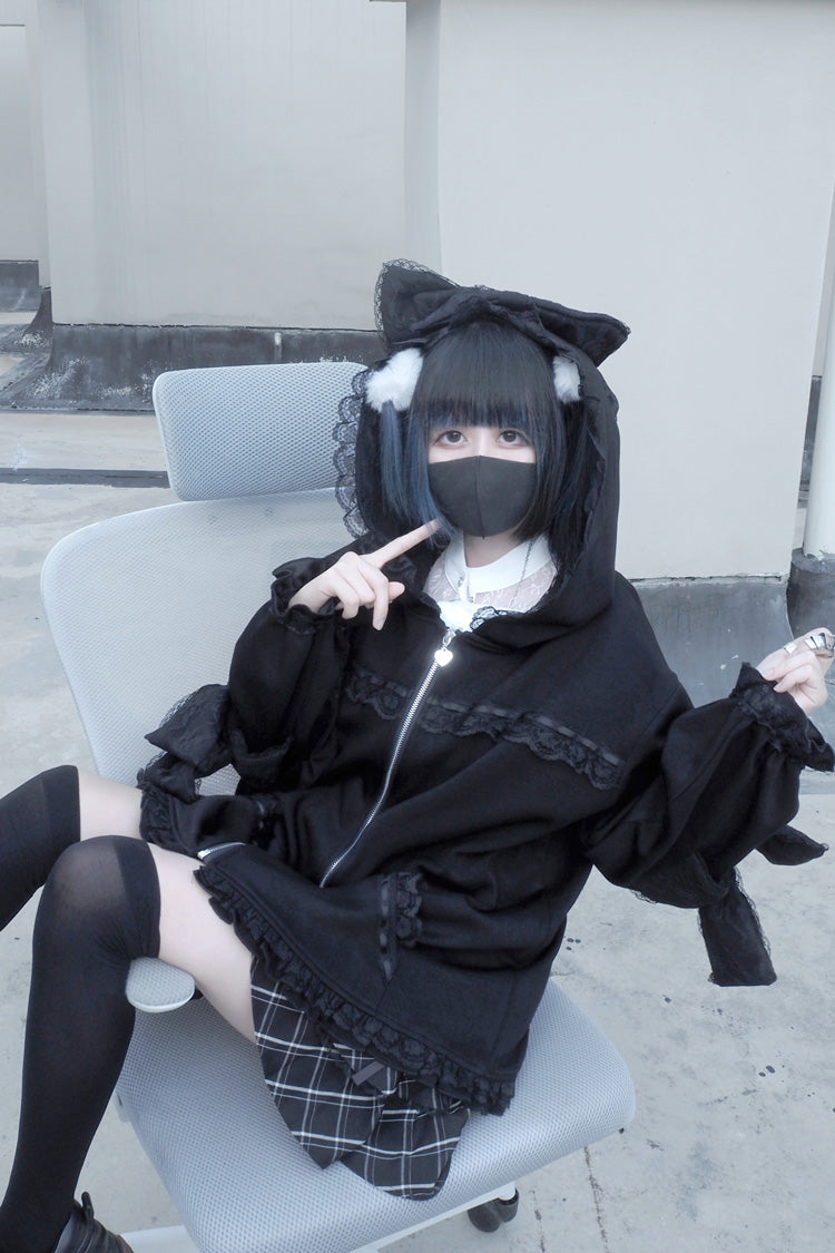 Black Long Sleeves Cat Ears and Tail  Ruffle Bowknot Hooded Gothic Jirai Kei Coat - Product - 4