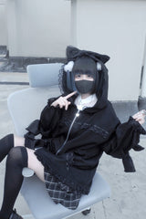 Black Long Sleeves Cat Ears and Tail  Ruffle Bowknot Hooded Gothic Jirai Kei Coat - Product - 4