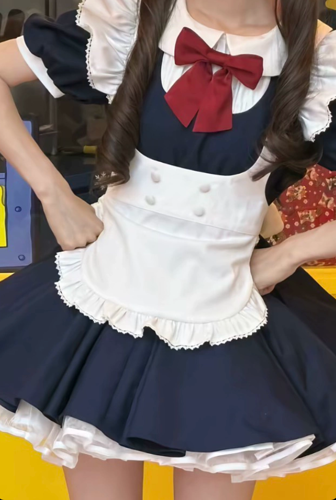 Navy Blue and White Lace Maid Lolita Jumper Dress with Red Bow - view 5