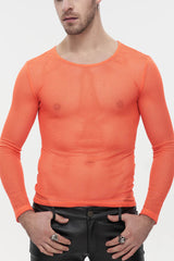 Orange Elasticity High Neck Long Sleeve Mesh Men's Gothic T-Shirt - Orange - 1