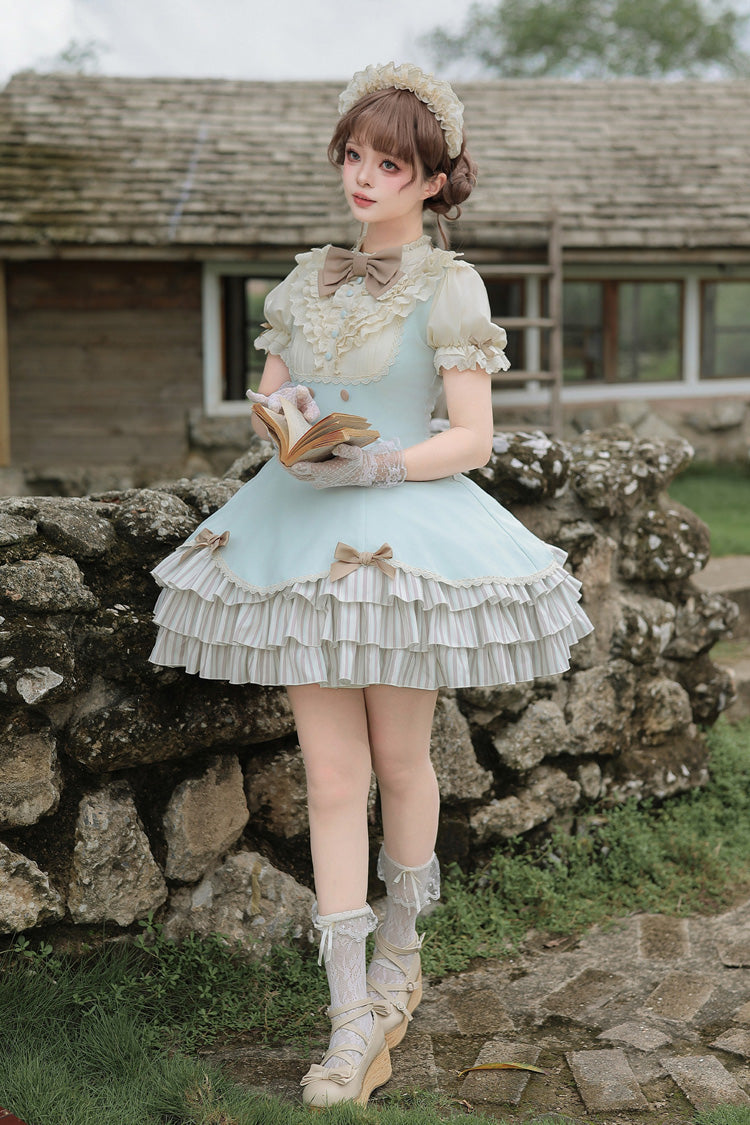 Blue [Sea Salt Snow Cap] Stand Collar Short Sleeves Petal Hem Ruffled Bow Sweet Lolita Dress Set 2 Versions - Product - 9