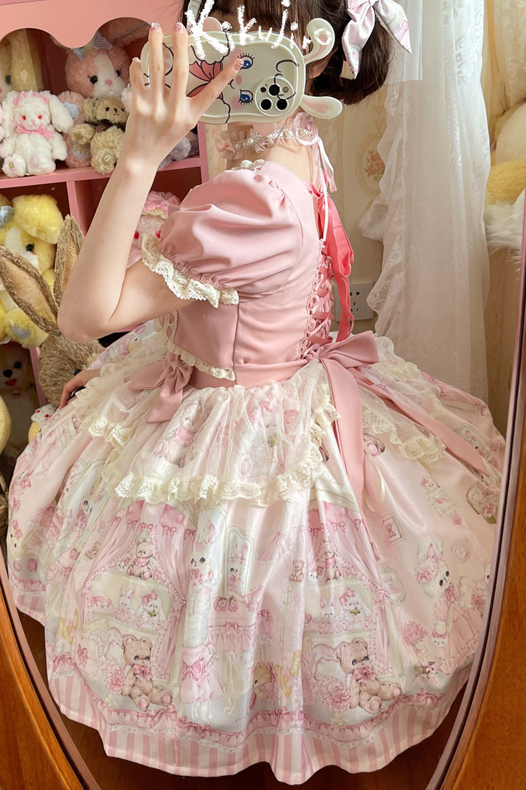 Rabbit Bear Wardrobe Print Ruffle Bowknot Sweet Lolita Dress 3 Colors - Product - 7