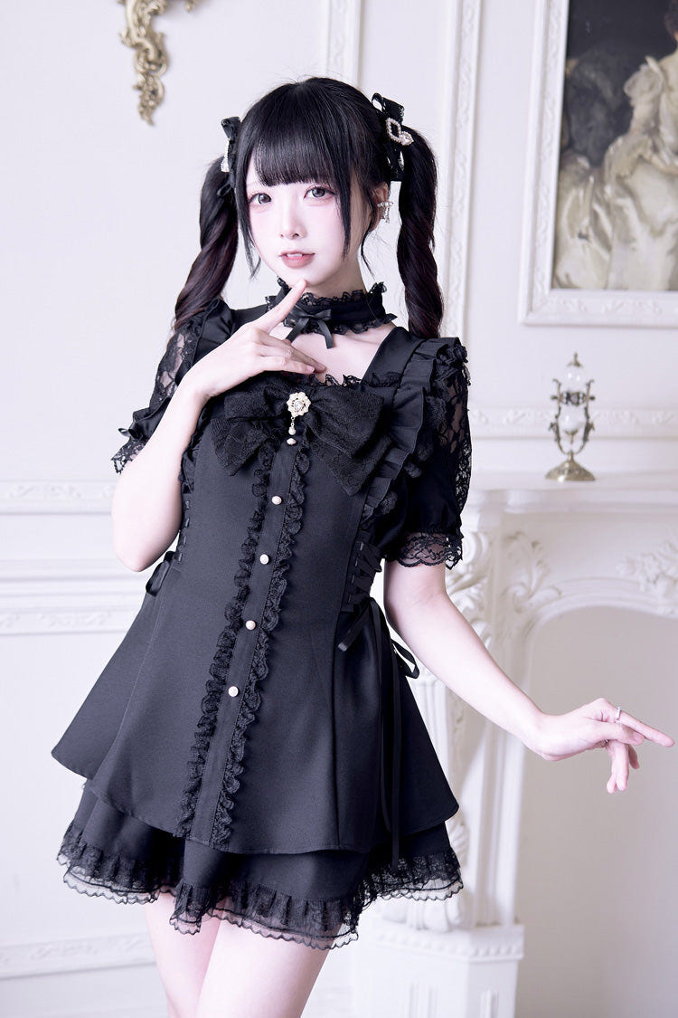 Black [Waltz] Short Sleeves Ruffle Bowknot Gothic Jirai Kei Japanese Dress Set - Product - 8