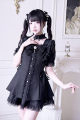 Black [Waltz] Short Sleeves Ruffle Bowknot Gothic Jirai Kei Japanese Dress Set - Product - 8