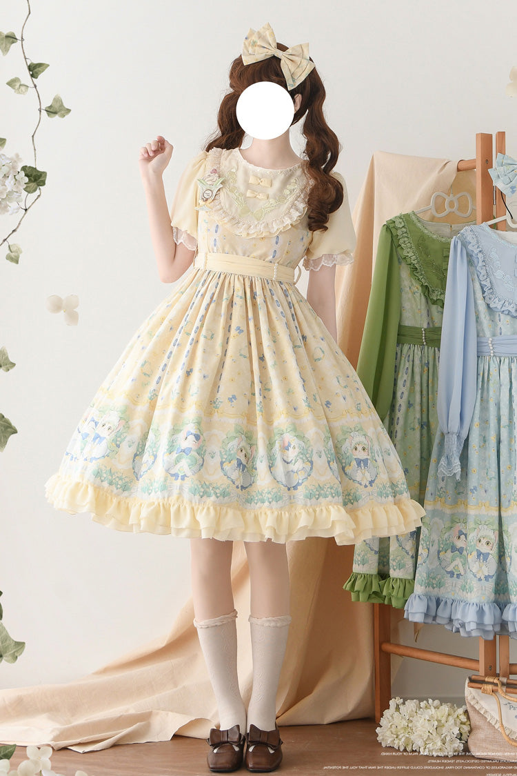 Beige [Lily of the Valley Cat] Print Ruffle Embroidery Bowknot Sweet Lolita Dress - Beige - 1