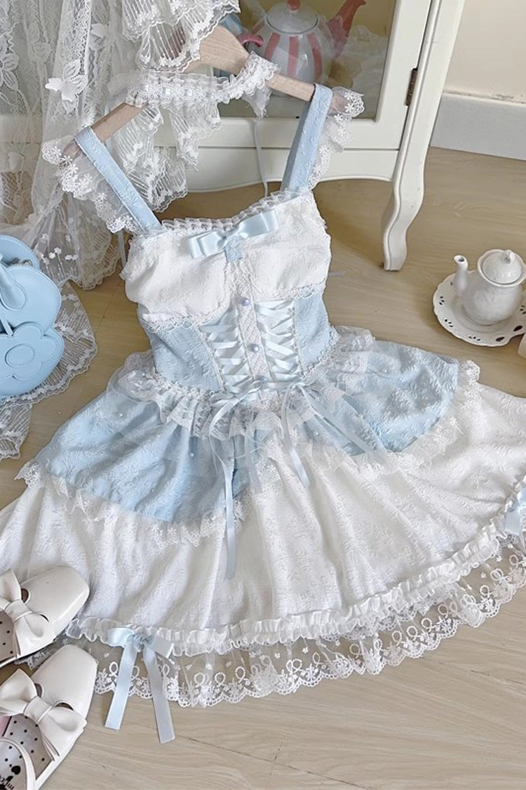 Green [Leiffu] Sleeveless Ruffle Bowknot Lace Lace-Up Sweet Ballet Lolita Jsk Dress - Blue - 8