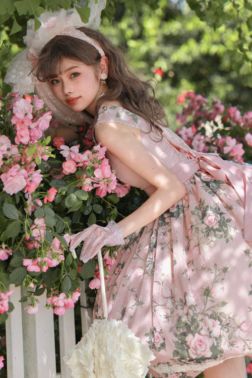 Pink Elegant Vintage French Rose Floral Print V Collar Sleeveless Ruffled Classic Lolita JSK Dress - Product - 7