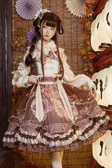 Brown [Yuelong Poetry] Print Ruffle Lace Sweet Chinese Style Lolita Jsk Dress - Brown - 1