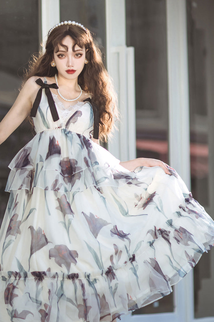 Ivory [Black Lily] V Collar Sleeveless Multi-Layered Printed Ruffled Bow Sweet Lolita Jsk Dress - Product - 6