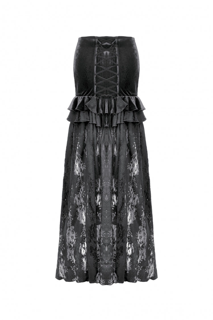 Black Multi-Layered Ruffled Velvet Spliced Lace Lace-Up Women's Gothic Long Skirt - Product - 15