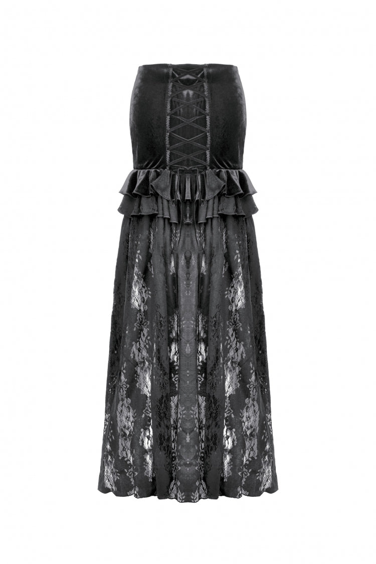 Black Multi-Layered Ruffled Velvet Spliced Lace Lace-Up Women's Gothic Long Skirt - Product - 15