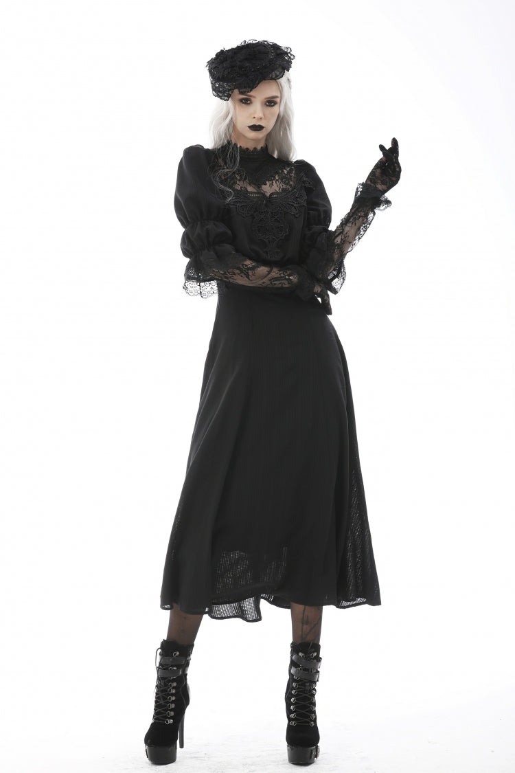 Black Stand Collar Cut-Out Half Sleeves Lace Spliced Women's Gothic Maxi Dress - Product - 9