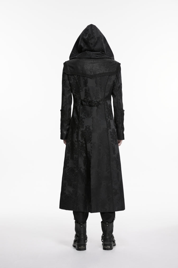Black Long Sleeves Jacquard Embroidered Spliced Lace Hooded Color-Blocked Men's Punk Cool Coat - Product - 2