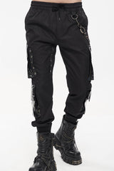 Black Punk Multi Pocket Splicing Illusory Color Removable Metal Left Chain Design Cargo Men's Pants - Product - 1