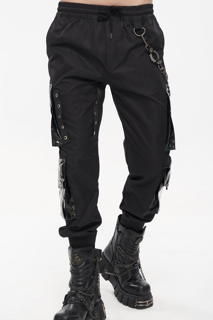 Black Punk Multi Pocket Splicing Illusory Color Removable Metal Left Chain Design Cargo Men's Pants - Product - 1