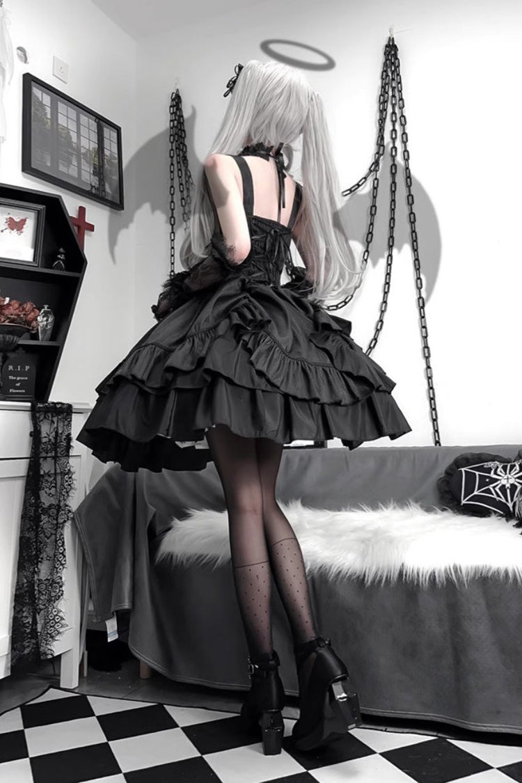 Black [Butterfly Officer] Triple-Layered Ruffle Bowknot Lace-Up Gothic Lolita Skirt Set - Product - 8