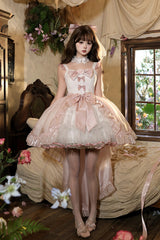 Pink [Star Weaving Dream Language] Sleeveless Ruffled Open-Front Bow Lace Sweet Lolita Jsk Dress Set - Product - 5