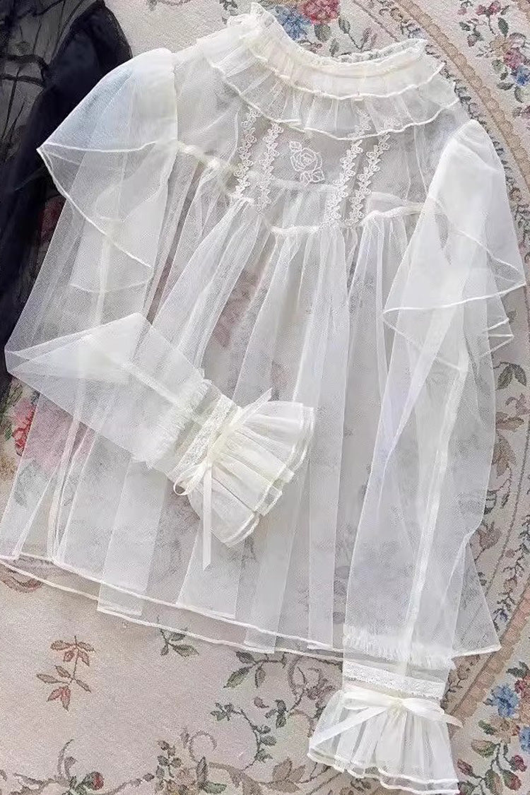 Sweet Stand Collar Long Sleeves Ruffle Sheer Lolita Blouse 2 Colors - White - 2