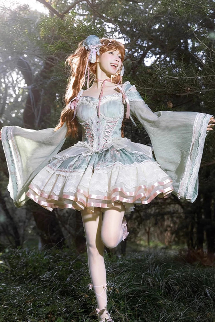 Green Waltz Multi-layer Print Ruffle Bowknot Sweet Chinese Style Elegant Lolita Jsk Dress - Product - 3