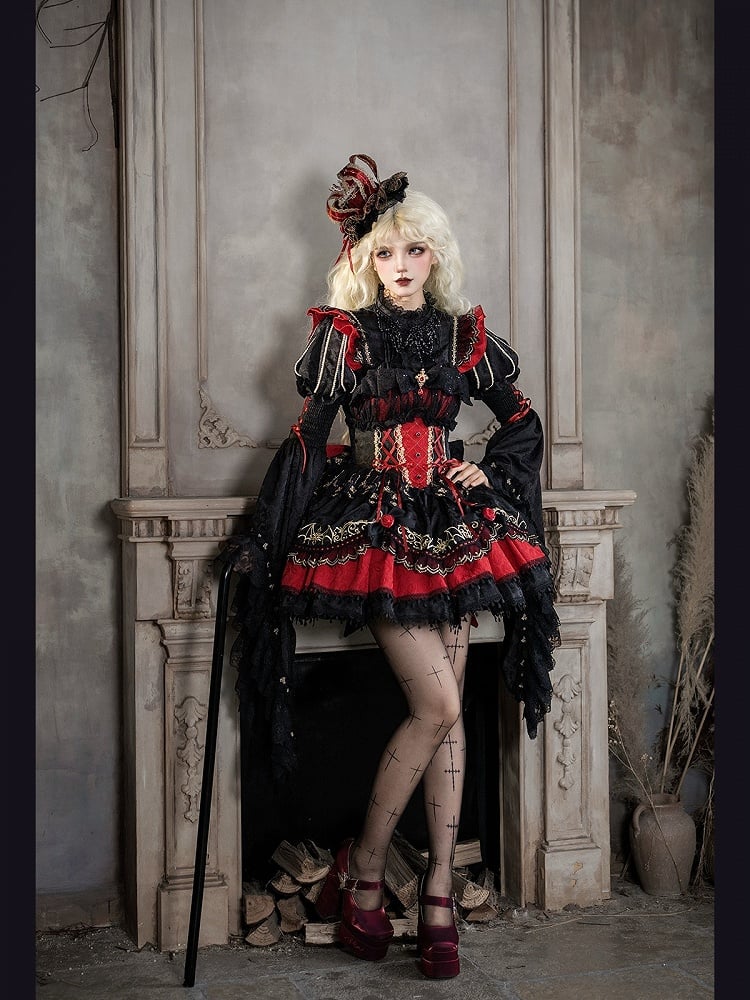 Black & Red Bat Embroidery Gothic Lolita JSK Dress detail view 10