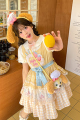 Yellow [Happy Day] Short Sleeves Triple-Layered Print Bowknot Lace Sweet Princess Lolita Dress - Product - 11