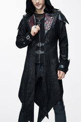 False Two Pieces Black Hooded Leather Long Mens Gothic Coats - Black - 1