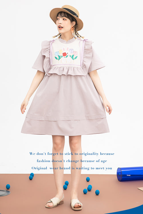 Pink Round Collar Cartoon Floral Print Ruffled Short Sleeves High Waisted Sweet Lolita Dress - Product - 2