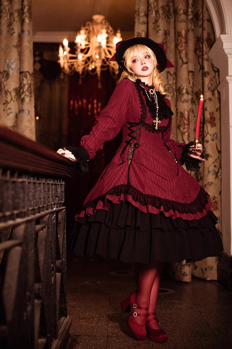 Point Manor Solid Color Stand Collar Long Sleeves Multi-layer Ruffle Gothic Lolita Dress 5 Colors - Product - 4