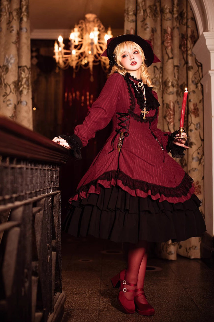 Point Manor Solid Color Stand Collar Long Sleeves Multi-layer Ruffle Gothic Lolita Dress 5 Colors - Product - 4
