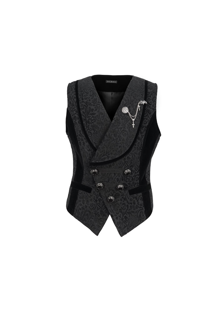 Black Slim Fit Retro Jacquard Chest Metal Chain Cross Men's Gothic Vest - Product - 7