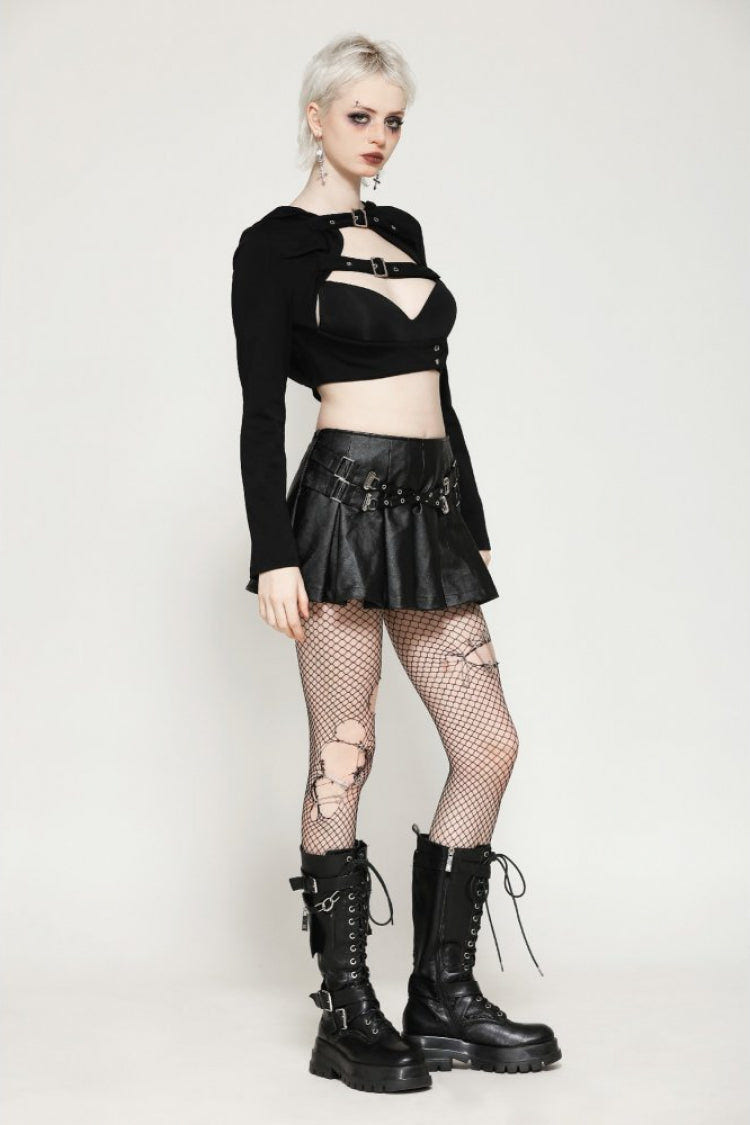 Black Long Sleeves Cut-Out Buckled Women's Punk Shrug with Hood - Product - 8