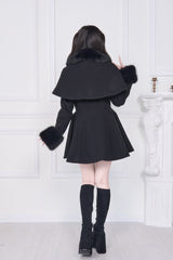 Black Plush Collar Long Sleeves Bowknot Japanese Sweet Lolita Coat - Product - 9