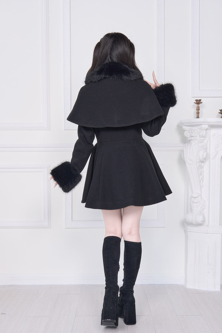 Black Plush Collar Long Sleeves Bowknot Japanese Sweet Lolita Coat - Product - 9