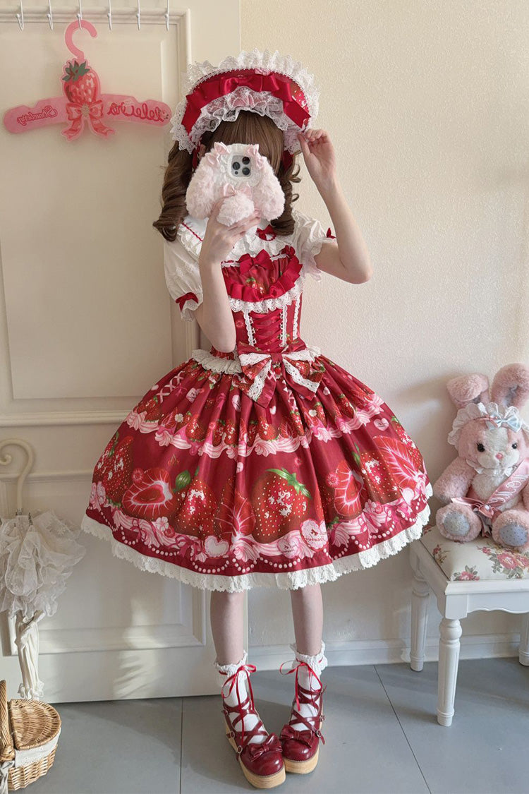 [Sweet Berry Tale] Strawberry Print Ruffle Bowknot Lace Sweet Lolita Jsk Dress 4 Colors - Product - 17