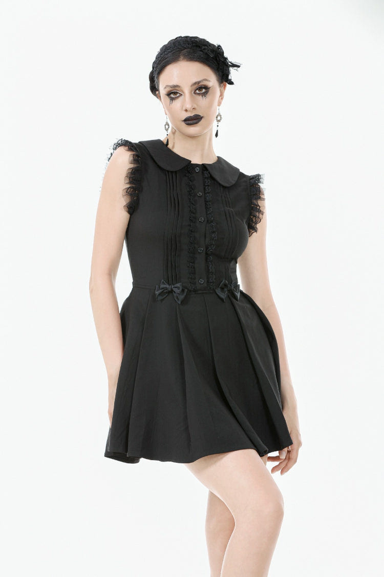 Black Peter Pan Collar Sleeveless Bowknot Pleated Women's Gothic Graduation Dress - Black - 1