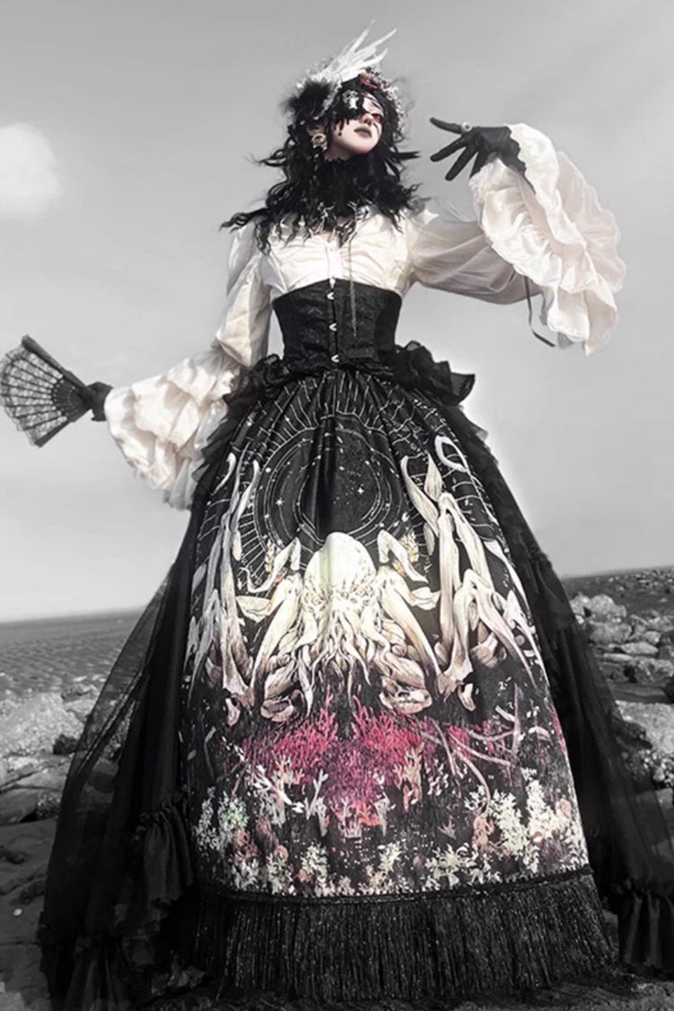 Black [Reborn Ancient God] Long Hime Sleeves Print Lace Gothic Lolita Skirt Dress Set - Product - 4