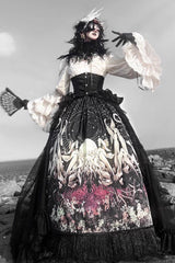 Black [Reborn Ancient God] Long Hime Sleeves Print Lace Gothic Lolita Skirt Dress Set - Product - 4