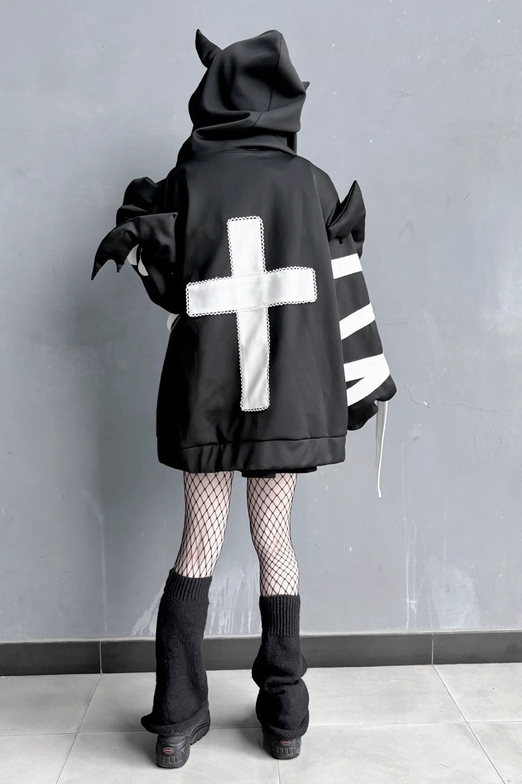 Black Devil Wings Long Sleeves Yabi Chain Bones Hooded Gothic Jirai Kei Coat - Product - 3
