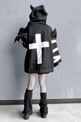 Black Devil Wings Long Sleeves Yabi Chain Bones Hooded Gothic Jirai Kei Coat - Product - 3
